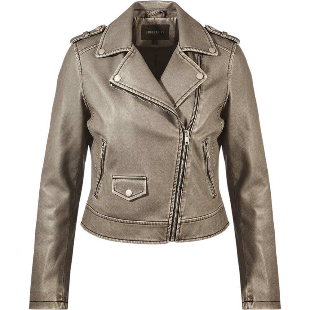 Forever 21 Jacket Womens 1X Gray Faux Leather Moto Biker Plus Size Retro Cropped